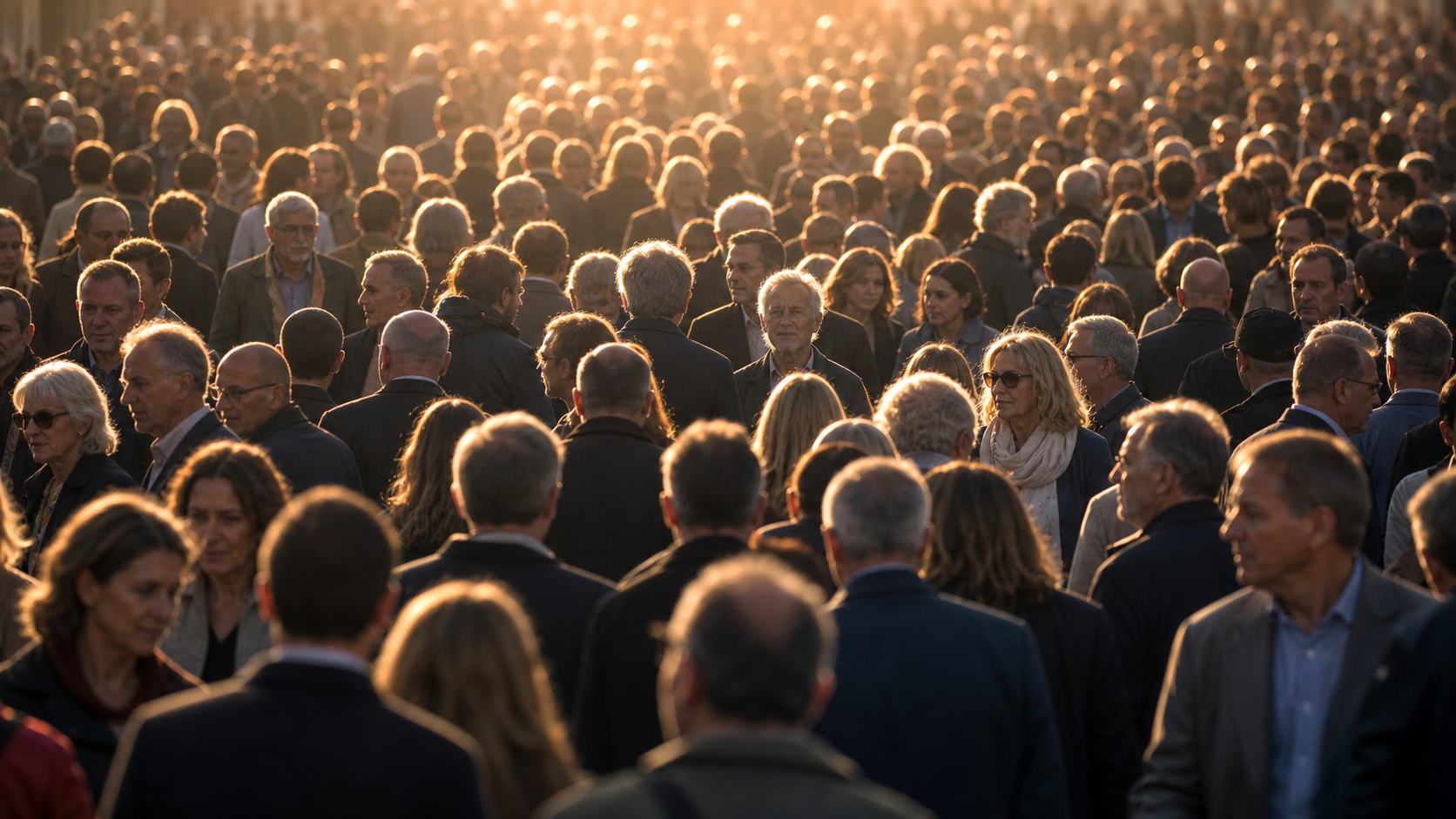 A warm backlit crowd of older professionals